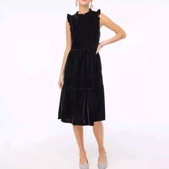 J. Crew Womens Velvet Tiered Midi Dress Size 6 Black Sleeveless Preppy Pockets - Picture 1 of 10
